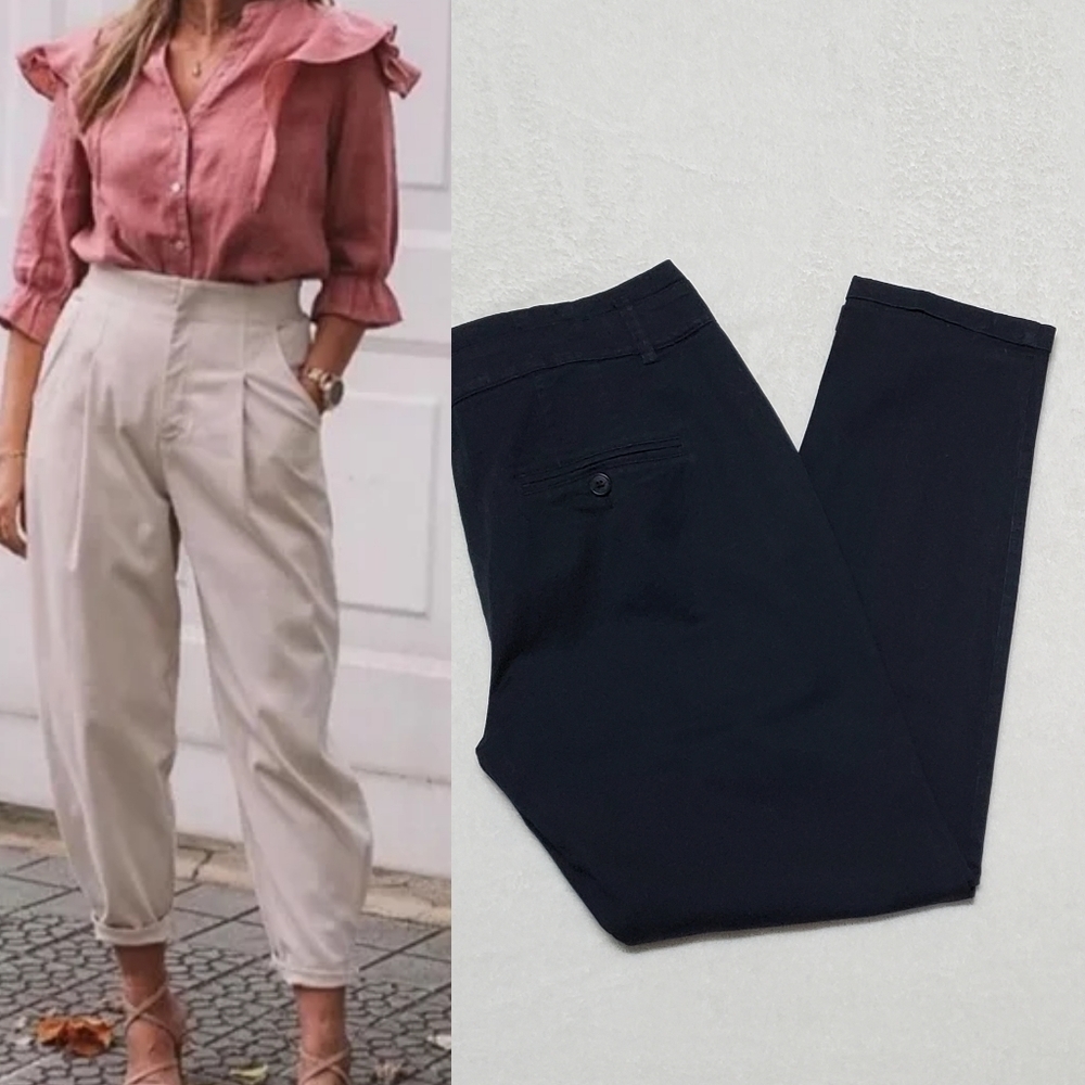 Zara Blogger Favorite Carrot Fit Black Cotton Pleated Waist Tapered Ankle Pants